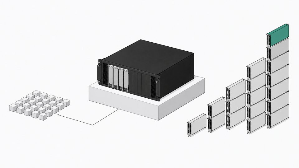 A rack-mount server with GPU card slots beside a stepped stack of matching cards, illustrating the hardware scaling behind running a local LLM in-house.