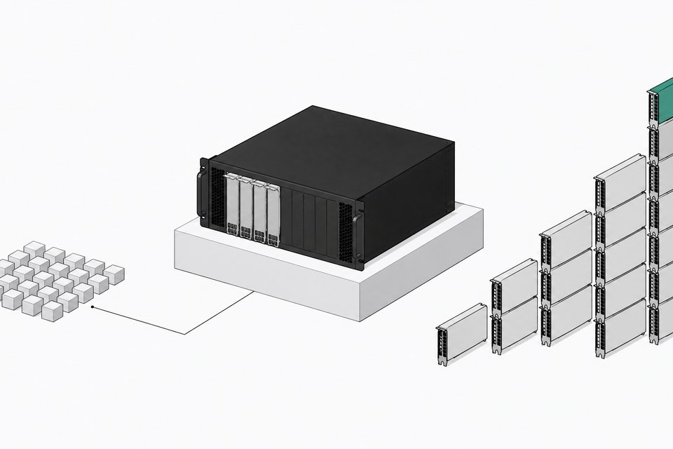 A rack-mount server with GPU card slots beside a stepped stack of matching cards, illustrating the hardware scaling behind running a local LLM in-house.