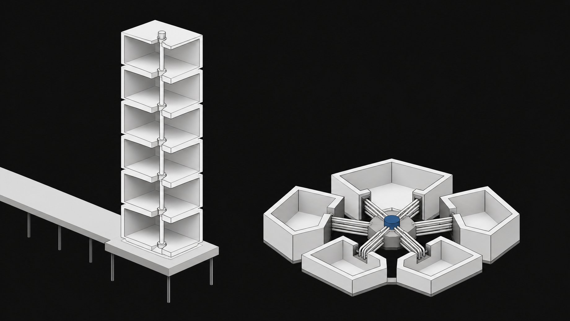 Side-by-side architectural diagram comparing a tall tower dependent on a distant external platform with a compact structure of interlinked chambers wired directly to a local hub.