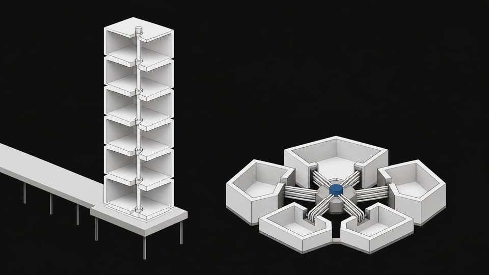 Side-by-side architectural diagram comparing a tall tower dependent on a distant external platform with a compact structure of interlinked chambers wired directly to a local hub.