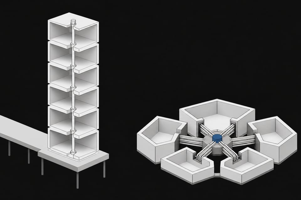 Side-by-side architectural diagram comparing a tall tower dependent on a distant external platform with a compact structure of interlinked chambers wired directly to a local hub.
