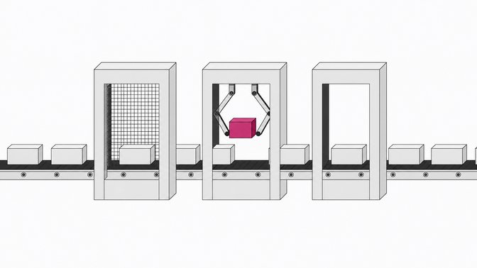 A pipeline of code blocks passing through three successive testing gates, with one block singled out mid-inspection in the accent color.
