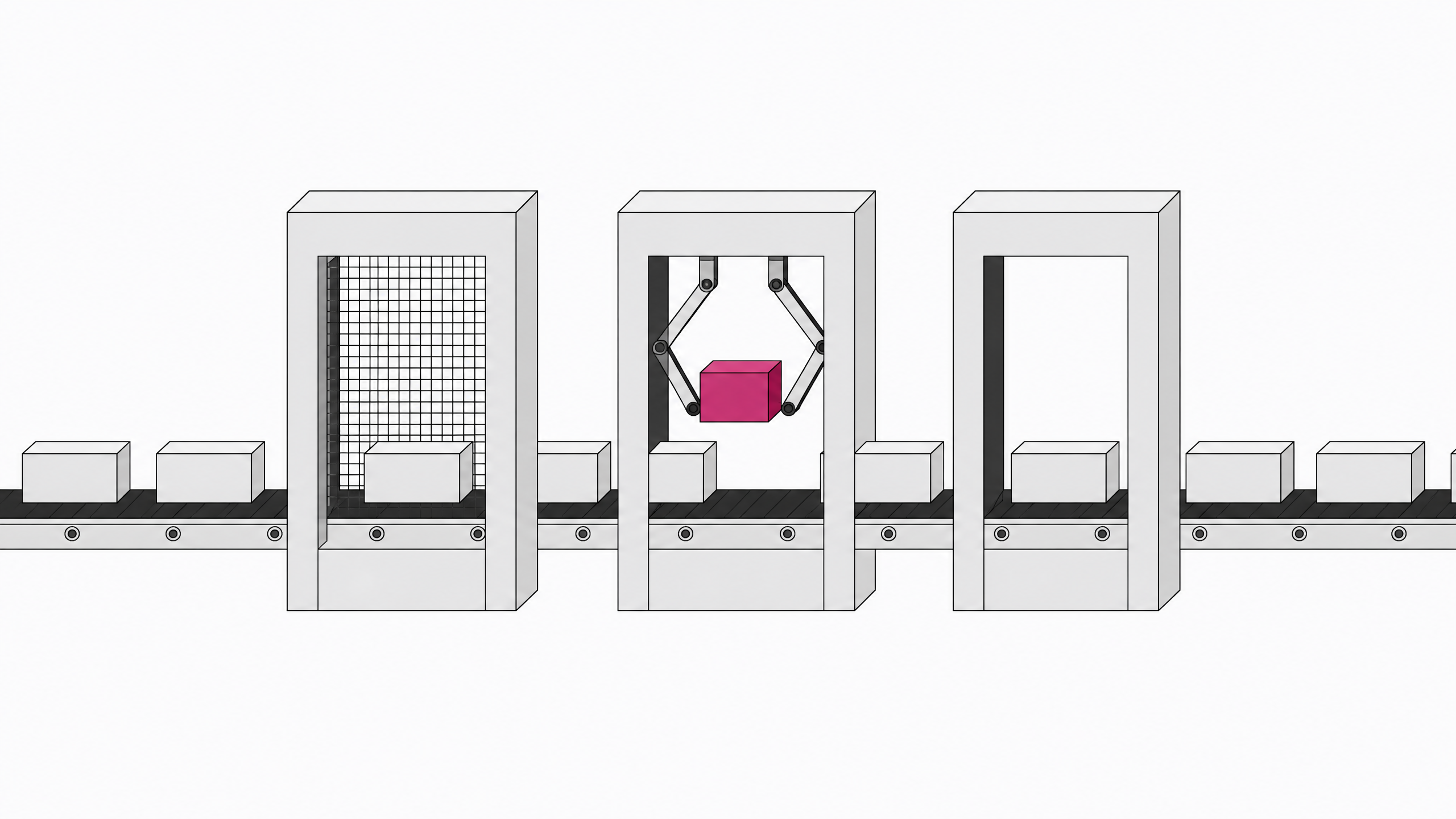 A pipeline of code blocks passing through three successive testing gates, with one block singled out mid-inspection in the accent color.