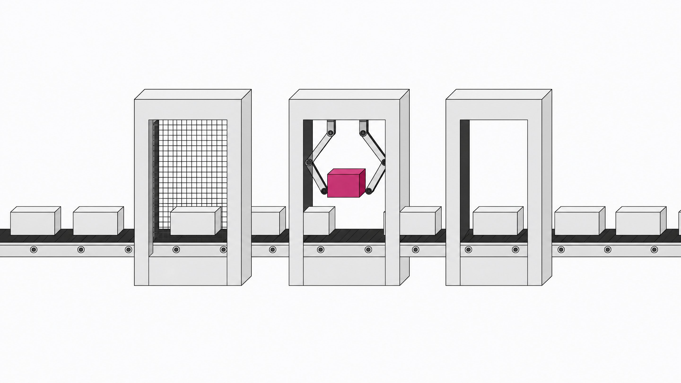 A pipeline of code blocks passing through three successive testing gates, with one block singled out mid-inspection in the accent color.