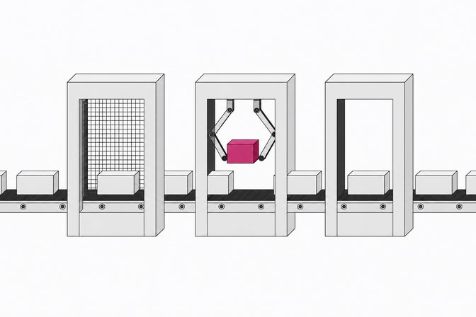A pipeline of code blocks passing through three successive testing gates, with one block singled out mid-inspection in the accent color.