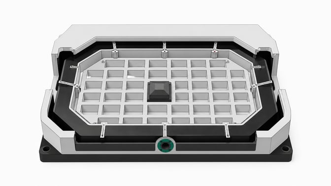 Cutaway illustration of a modular sandbox enclosure with rows of empty isolated compartments and one monitored access channel, representing a governed environment for running employee AI agents.