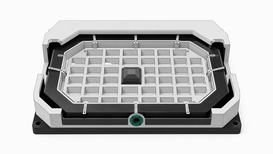 Cutaway illustration of a modular sandbox enclosure with rows of empty isolated compartments and one monitored access channel, representing a governed environment for running employee AI agents.