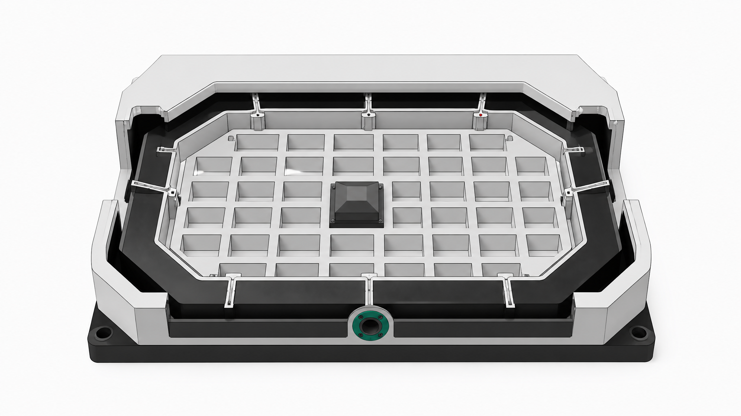 Cutaway illustration of a modular sandbox enclosure with rows of empty isolated compartments and one monitored access channel, representing a governed environment for running employee AI agents.