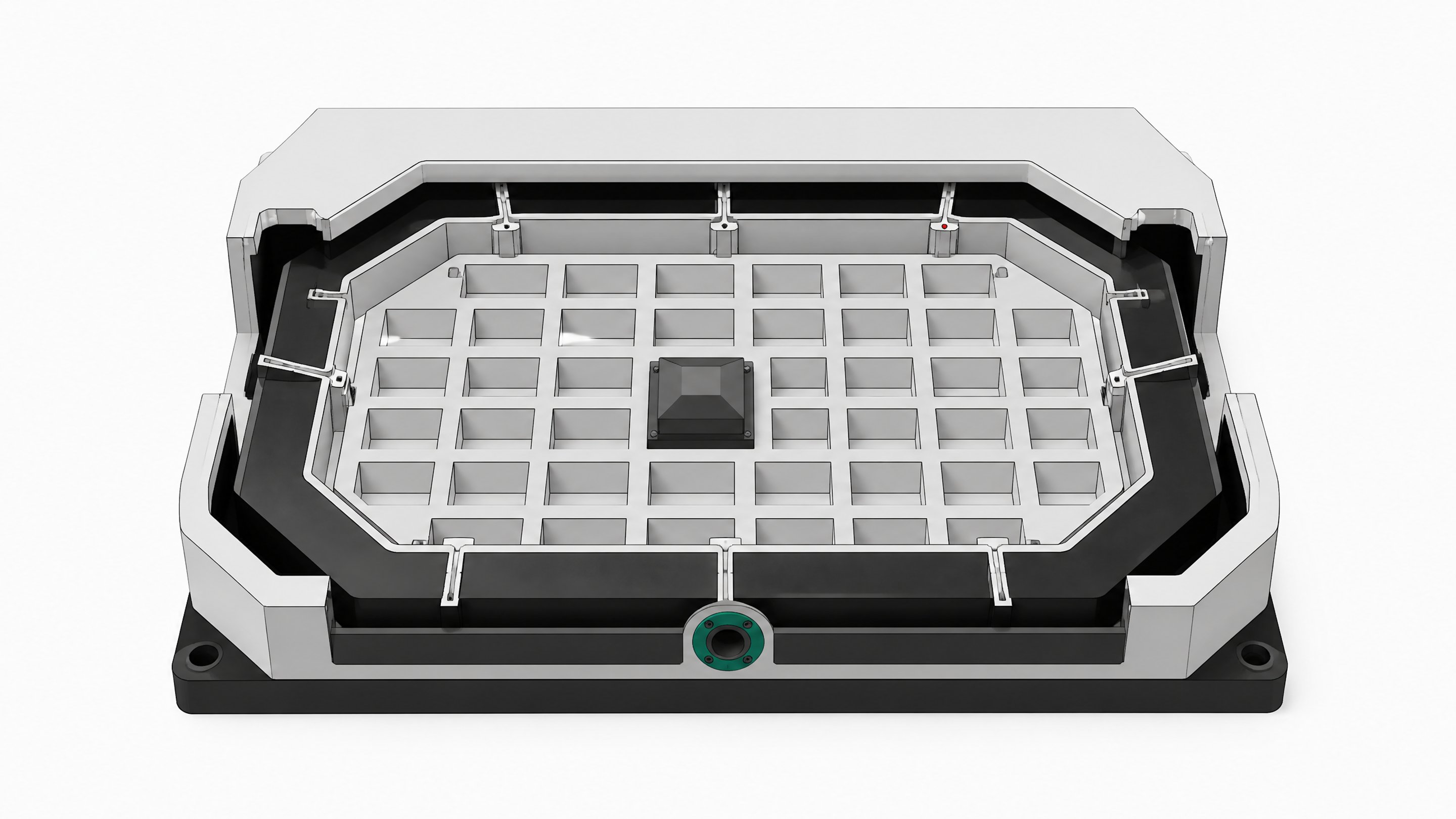 Cutaway illustration of a modular sandbox enclosure with rows of empty isolated compartments and one monitored access channel, representing a governed environment for running employee AI agents.