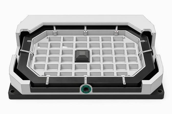 Cutaway illustration of a modular sandbox enclosure with rows of empty isolated compartments and one monitored access channel, representing a governed environment for running employee AI agents.