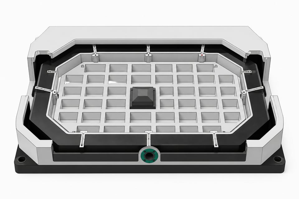 Cutaway illustration of a modular sandbox enclosure with rows of empty isolated compartments and one monitored access channel, representing a governed environment for running employee AI agents.