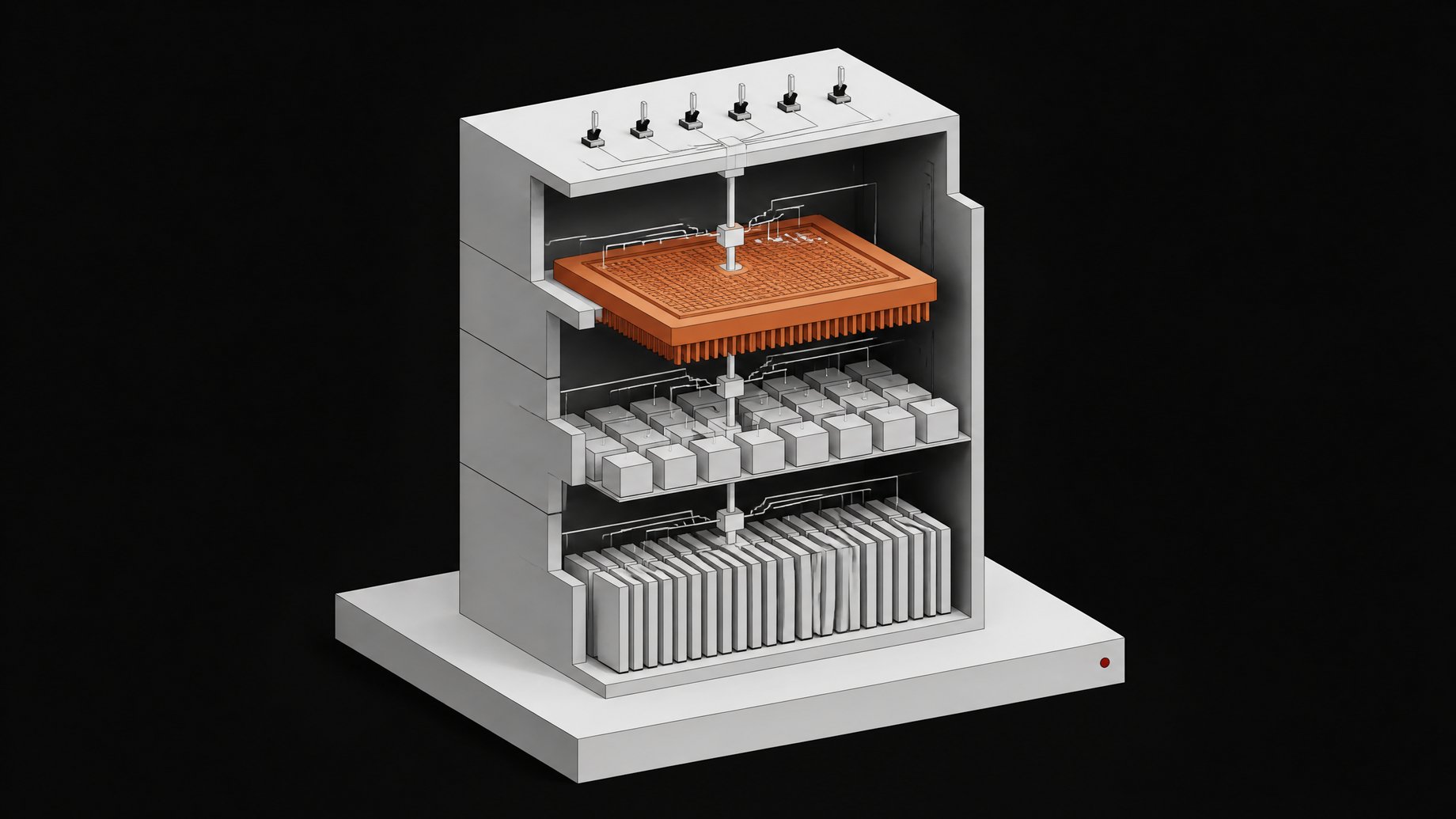 Cutaway diagram of a modular local AI appliance showing stacked layers for notes storage, retrieval, local model inference, and an automation controller connected by one internal conduit.