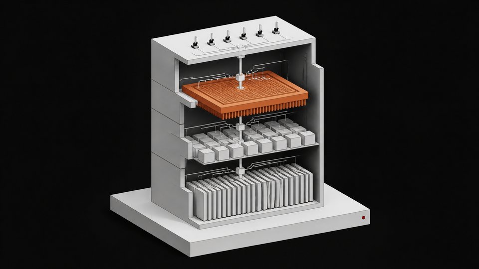 Cutaway diagram of a modular local AI appliance showing stacked layers for notes storage, retrieval, local model inference, and an automation controller connected by one internal conduit.