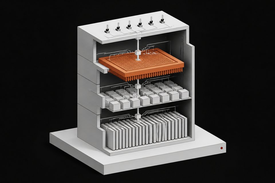 Cutaway diagram of a modular local AI appliance showing stacked layers for notes storage, retrieval, local model inference, and an automation controller connected by one internal conduit.