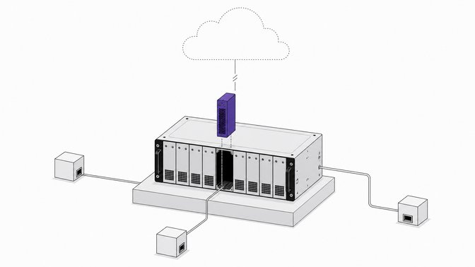 A server rack with a module sliding into an empty bay, connected to independent local junctions instead of a single distant cloud, illustrating self-hosted internal tools with redundant, direct infrastructure.