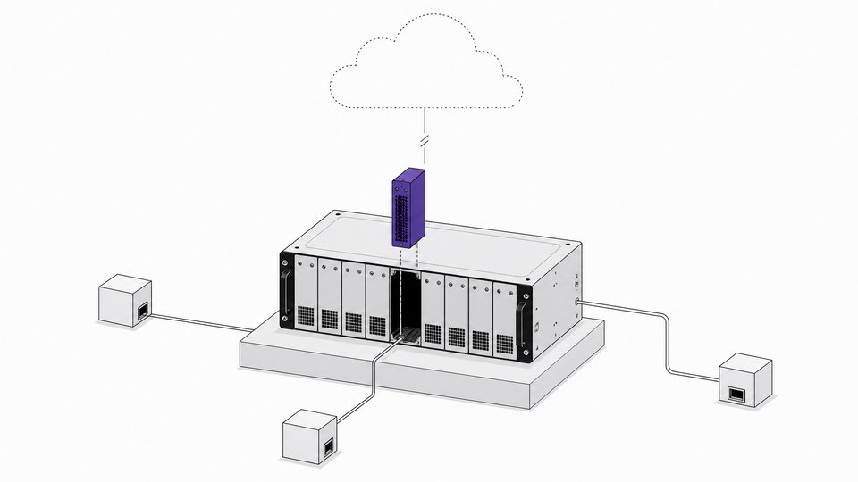 A server rack with a module sliding into an empty bay, connected to independent local junctions instead of a single distant cloud, illustrating self-hosted internal tools with redundant, direct infrastructure.