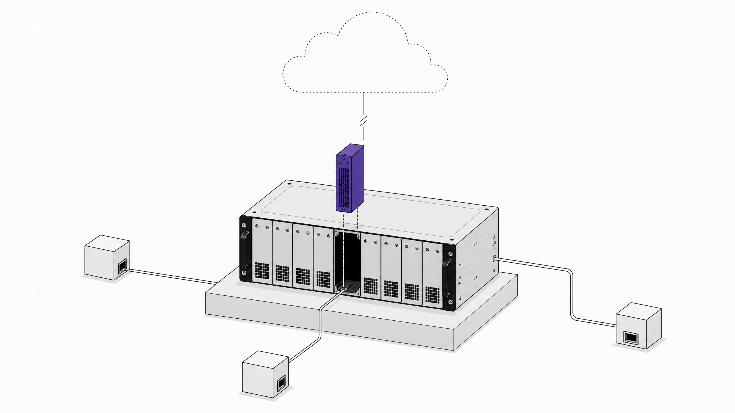 A server rack with a module sliding into an empty bay, connected to independent local junctions instead of a single distant cloud, illustrating self-hosted internal tools with redundant, direct infrastructure.