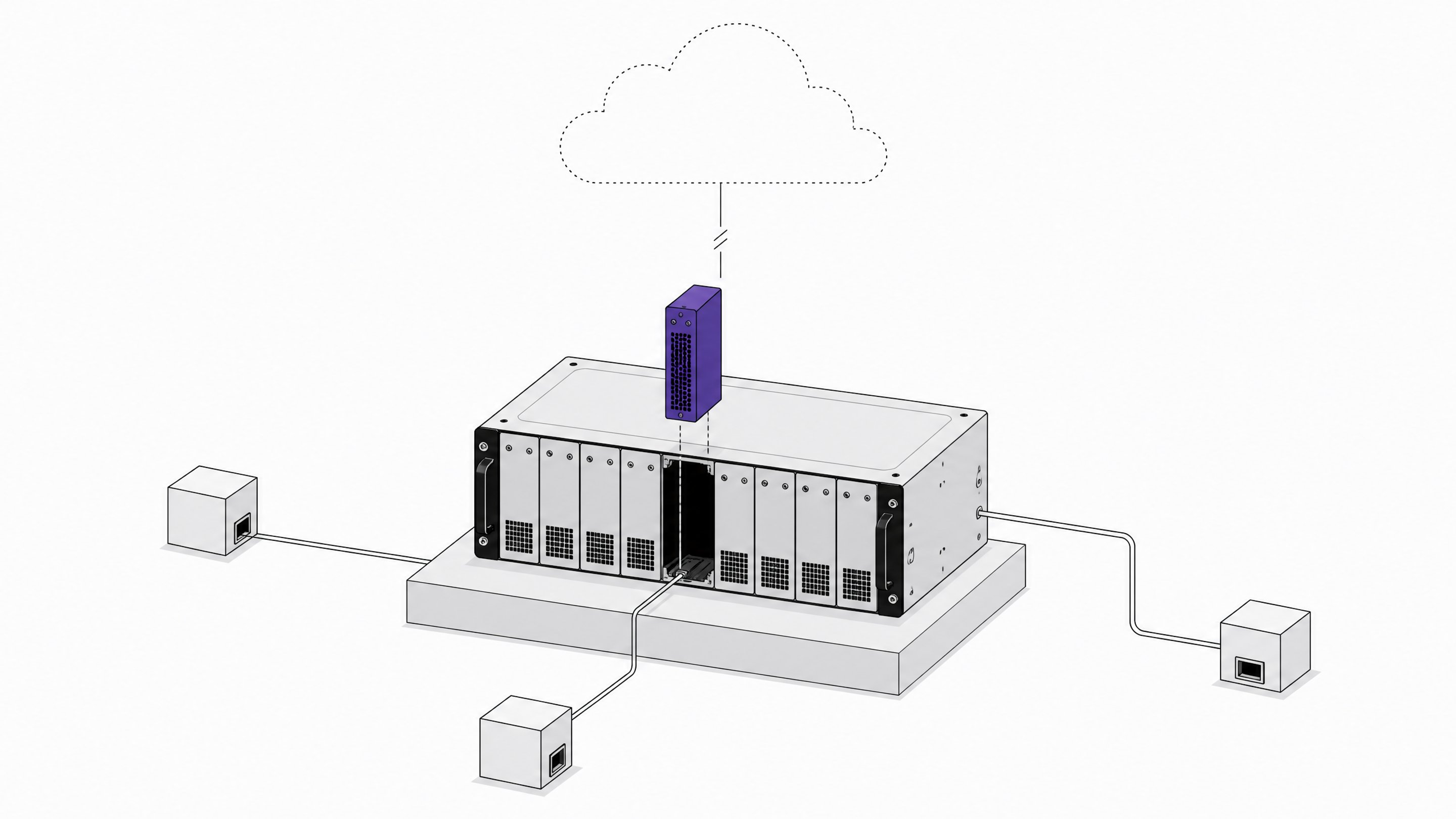 A server rack with a module sliding into an empty bay, connected to independent local junctions instead of a single distant cloud, illustrating self-hosted internal tools with redundant, direct infrastructure.