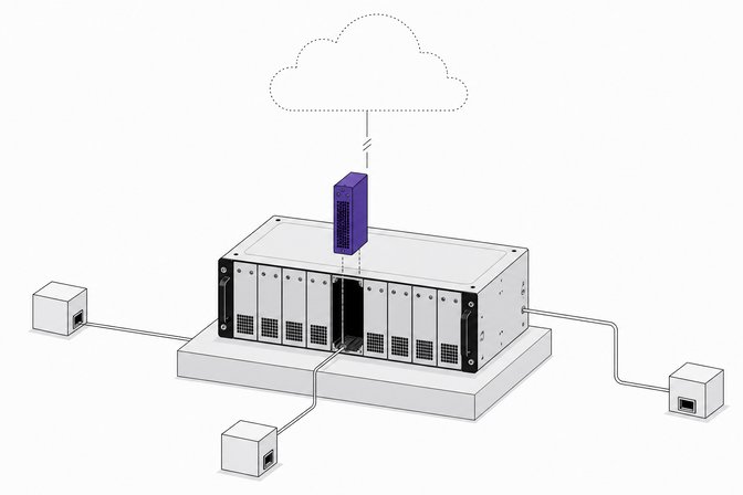 A server rack with a module sliding into an empty bay, connected to independent local junctions instead of a single distant cloud, illustrating self-hosted internal tools with redundant, direct infrastructure.