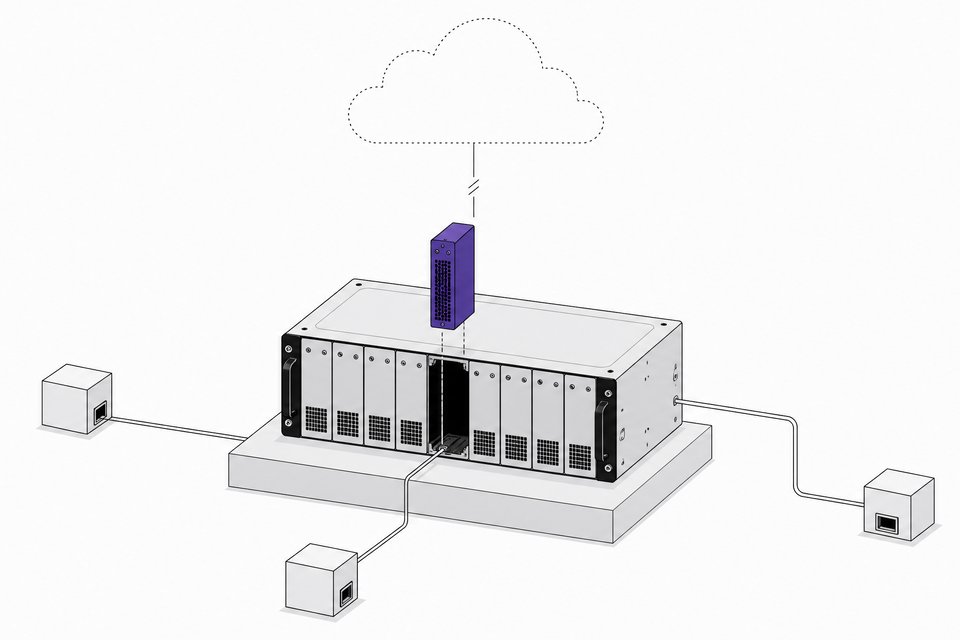 A server rack with a module sliding into an empty bay, connected to independent local junctions instead of a single distant cloud, illustrating self-hosted internal tools with redundant, direct infrastructure.