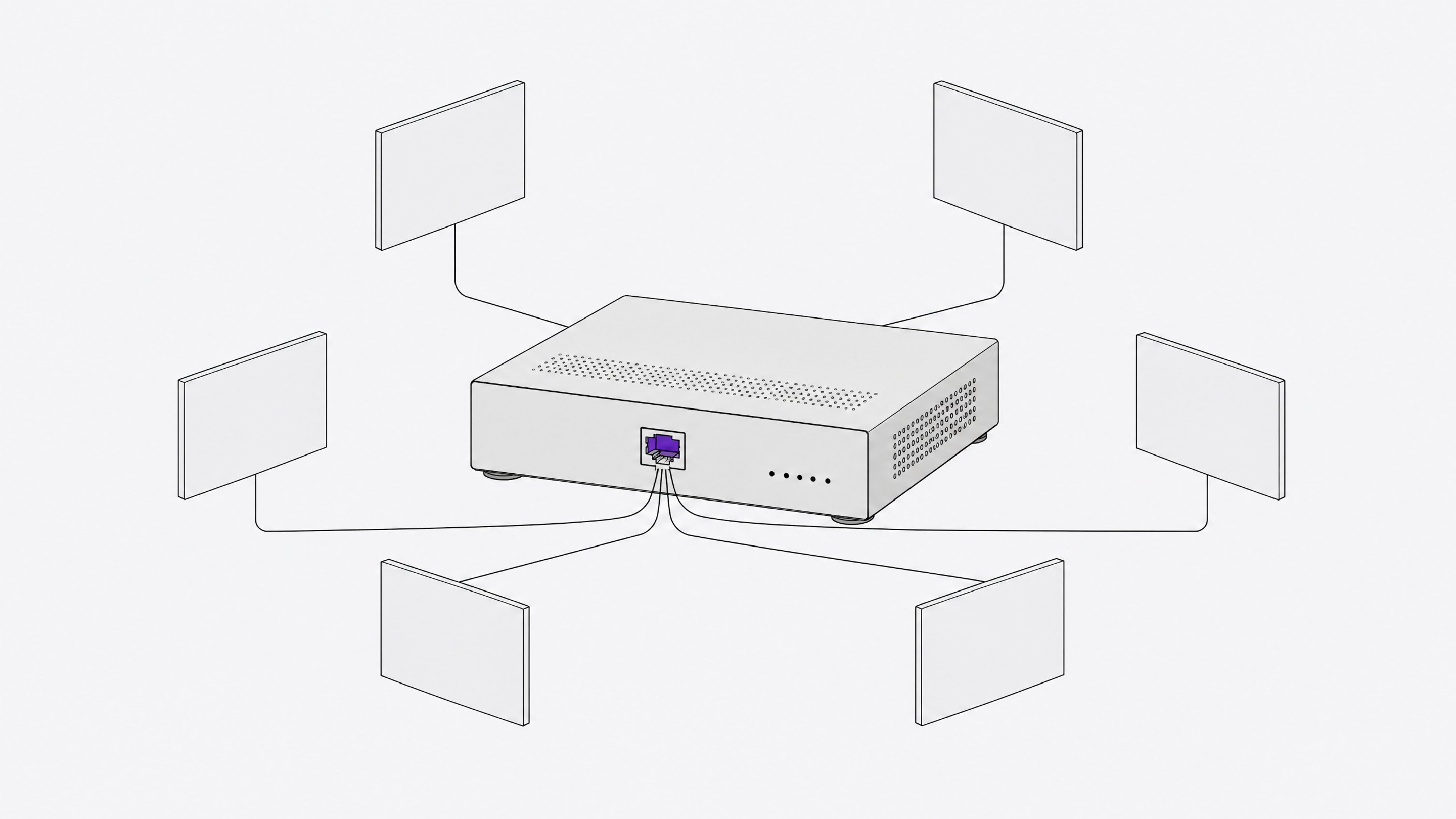A single self-hosting hardware appliance with one accent-colored port serves as the convergence point for several identical blank panels representing replaced cloud services.
