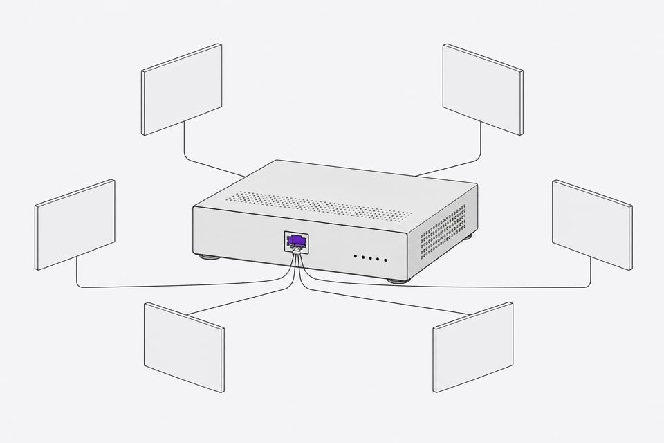 A single self-hosting hardware appliance with one accent-colored port serves as the convergence point for several identical blank panels representing replaced cloud services.