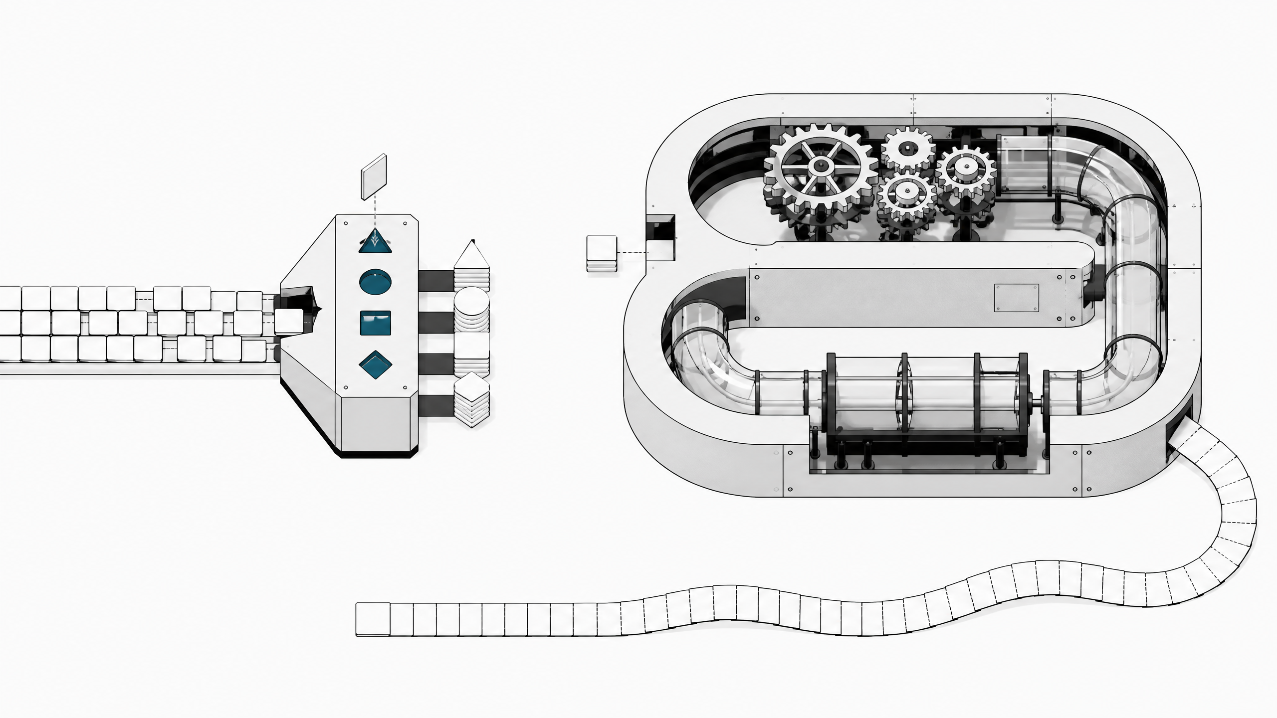 Illustration contrasting a fast shape-based tile sorter that classifies items into matched slots with a slower looping apparatus that unspools long chains of text-like cards, representing typed classification versus free-form text generation in AI systems.
