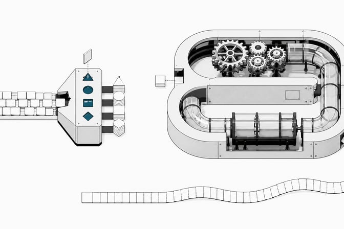 Illustration contrasting a fast shape-based tile sorter that classifies items into matched slots with a slower looping apparatus that unspools long chains of text-like cards, representing typed classification versus free-form text generation in AI systems.