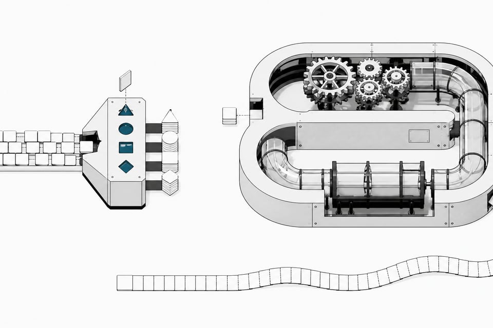 Illustration contrasting a fast shape-based tile sorter that classifies items into matched slots with a slower looping apparatus that unspools long chains of text-like cards, representing typed classification versus free-form text generation in AI systems.