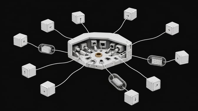 A central IT hub with mismatched, informally plugged-in tethers connecting to multiple autonomous agent modules that each have their own access to email, calendar, and login capsules.