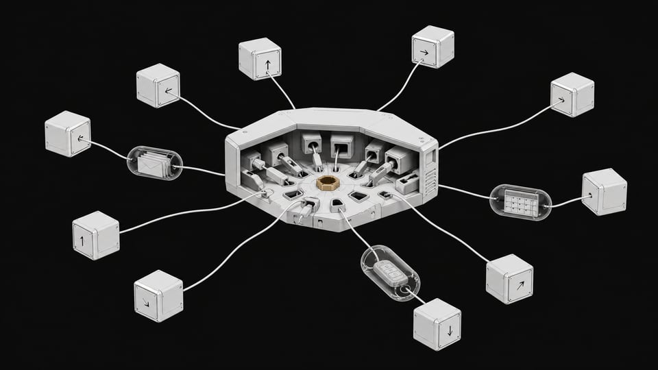 A central IT hub with mismatched, informally plugged-in tethers connecting to multiple autonomous agent modules that each have their own access to email, calendar, and login capsules.