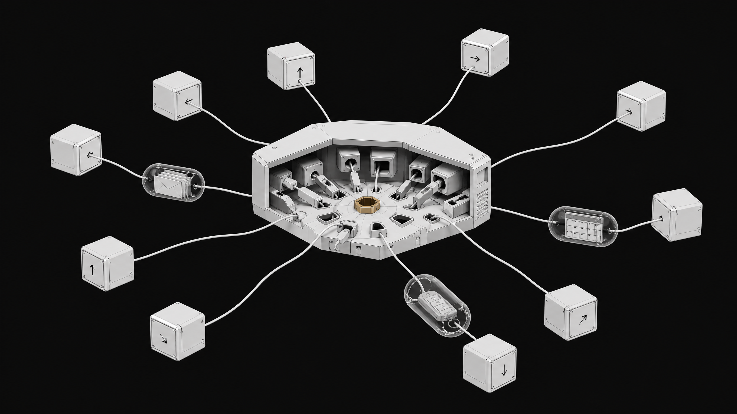 A central IT hub with mismatched, informally plugged-in tethers connecting to multiple autonomous agent modules that each have their own access to email, calendar, and login capsules.