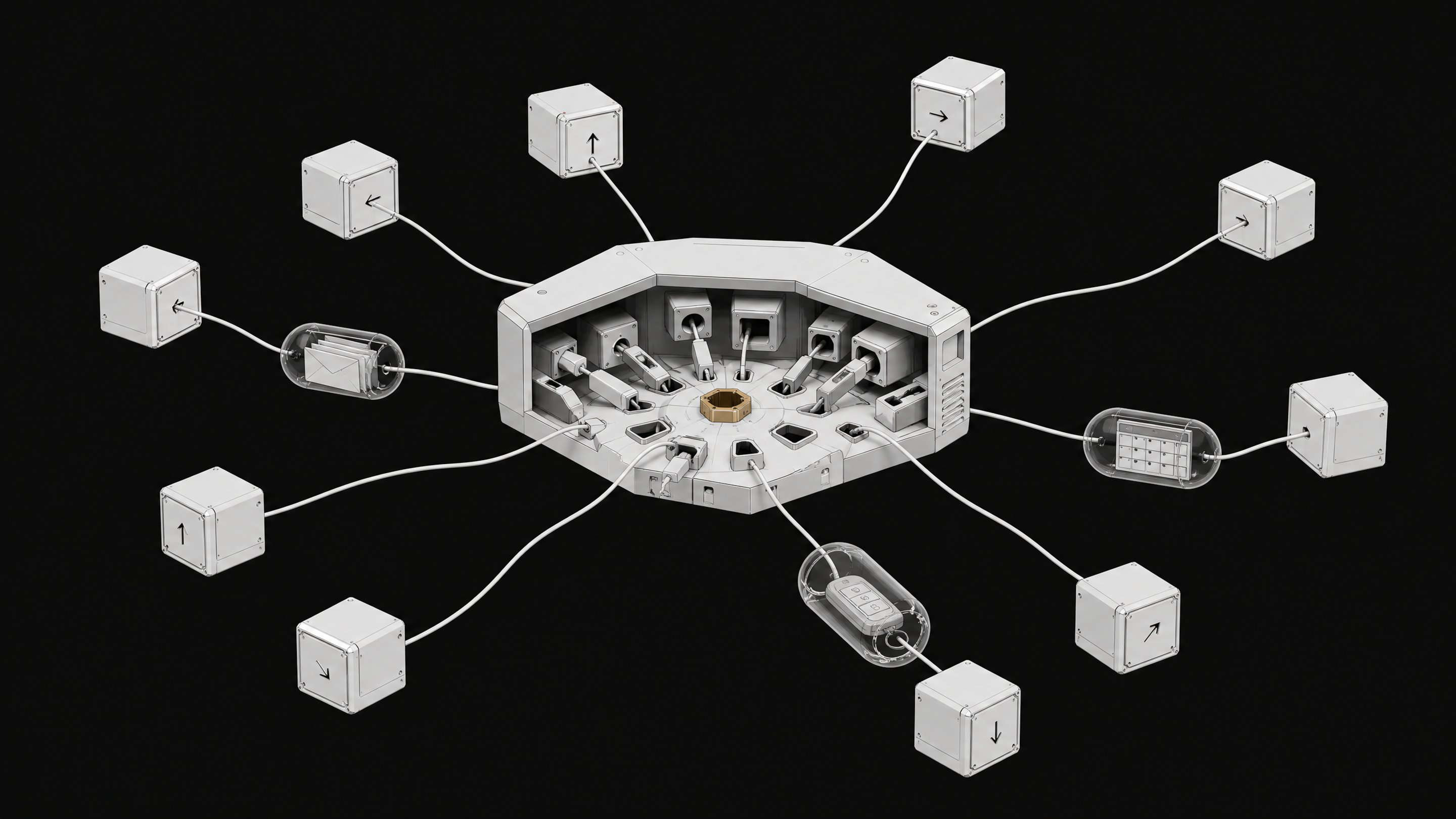 A central IT hub with mismatched, informally plugged-in tethers connecting to multiple autonomous agent modules that each have their own access to email, calendar, and login capsules.