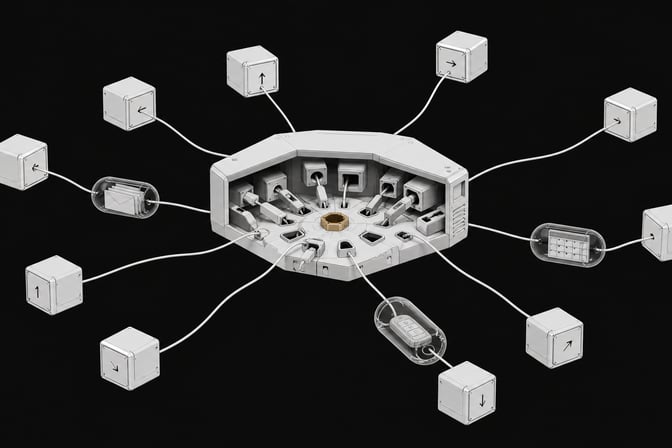 A central IT hub with mismatched, informally plugged-in tethers connecting to multiple autonomous agent modules that each have their own access to email, calendar, and login capsules.