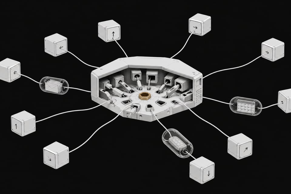 A central IT hub with mismatched, informally plugged-in tethers connecting to multiple autonomous agent modules that each have their own access to email, calendar, and login capsules.