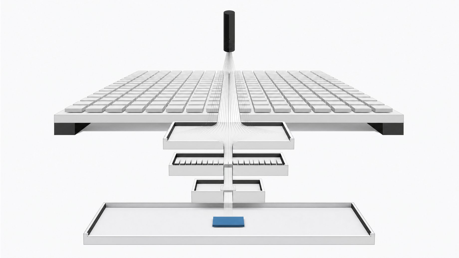 Illustration of an ambient clinical AI scribe system shown as a layered pipeline turning a grid of patient encounters into a single structured output document.