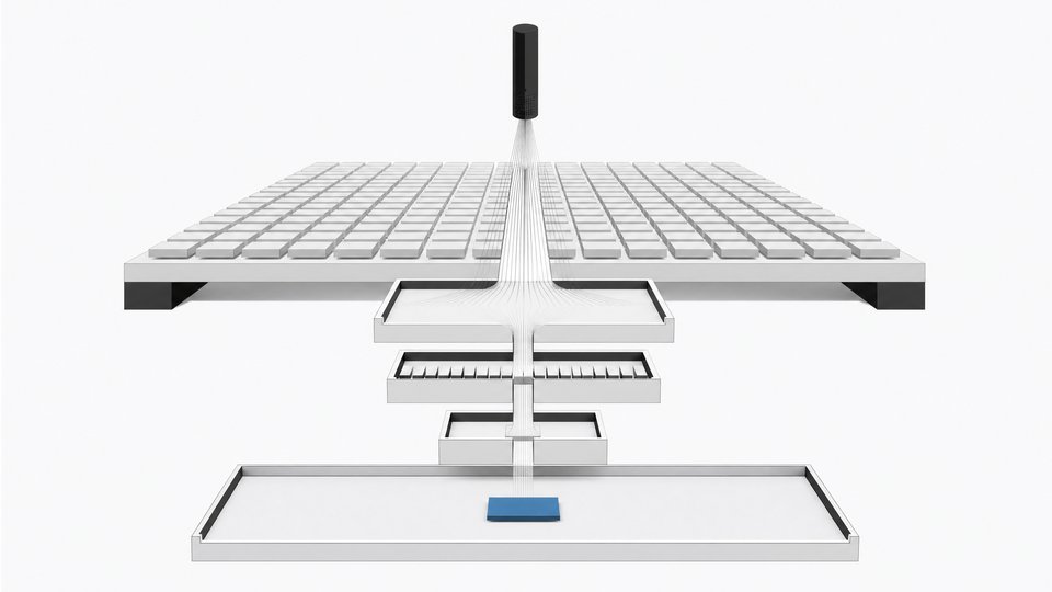 Illustration of an ambient clinical AI scribe system shown as a layered pipeline turning a grid of patient encounters into a single structured output document.