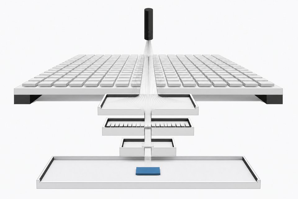 Illustration of an ambient clinical AI scribe system shown as a layered pipeline turning a grid of patient encounters into a single structured output document.