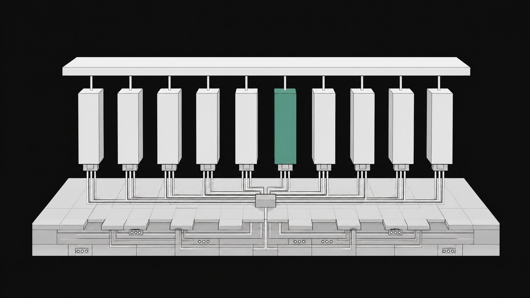 Cutaway architectural diagram of a Linux desktop system showing ten identical AI agent modules plugged directly into the base operating system layer, one module highlighted in accent color.