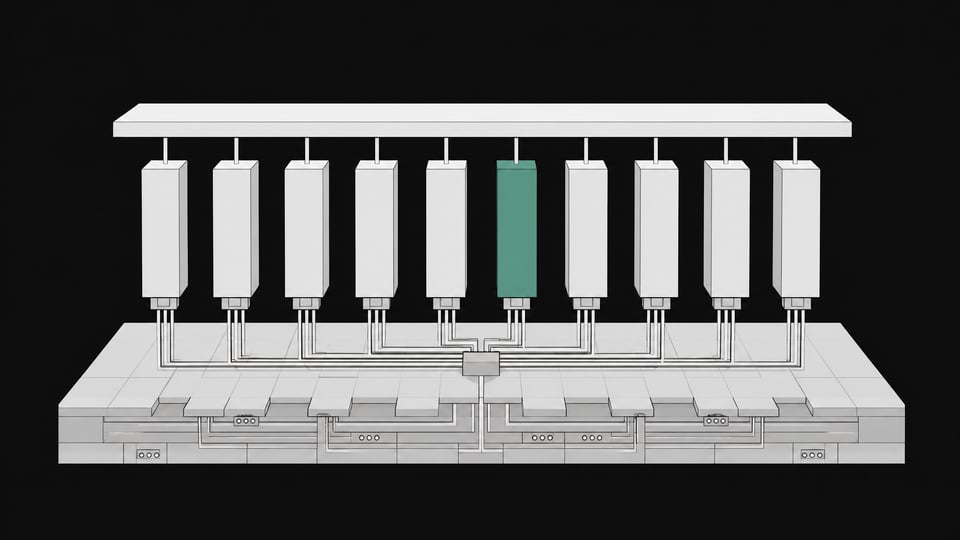 Cutaway architectural diagram of a Linux desktop system showing ten identical AI agent modules plugged directly into the base operating system layer, one module highlighted in accent color.