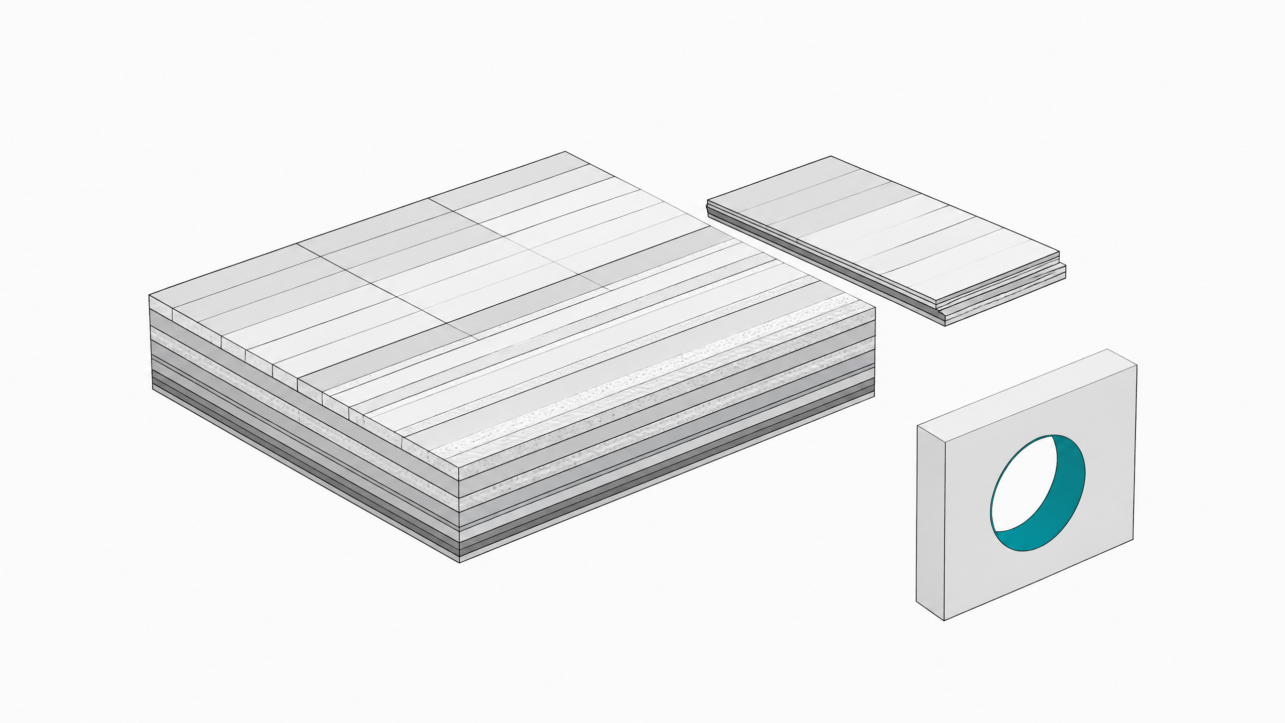 A layered document plate beside a small aperture-gauge block, representing provenance verification and negative-control checks for AI-generated content rather than reading text at face value.