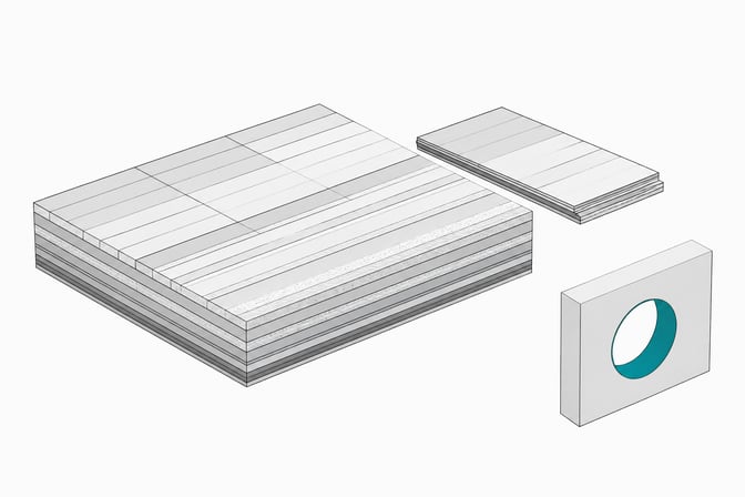 A layered document plate beside a small aperture-gauge block, representing provenance verification and negative-control checks for AI-generated content rather than reading text at face value.