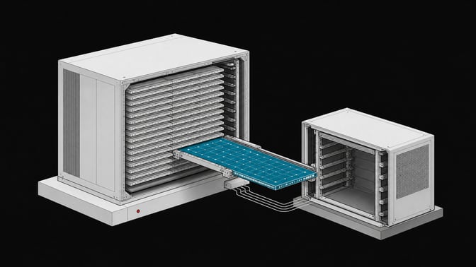 Illustration of a stack of data plates representing AI model weights being physically transferred from a large storage block into a smaller self-contained local server chassis.