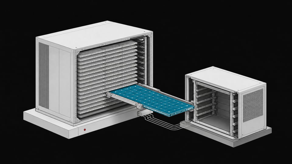 Illustration of a stack of data plates representing AI model weights being physically transferred from a large storage block into a smaller self-contained local server chassis.
