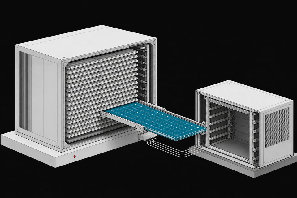 Illustration of a stack of data plates representing AI model weights being physically transferred from a large storage block into a smaller self-contained local server chassis.