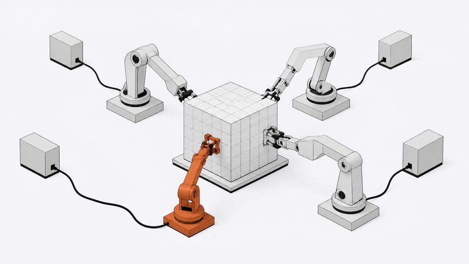 Four separate mechanical arms simultaneously operate on one central code-repository cube, with a single arm highlighted to show which process currently has priority.