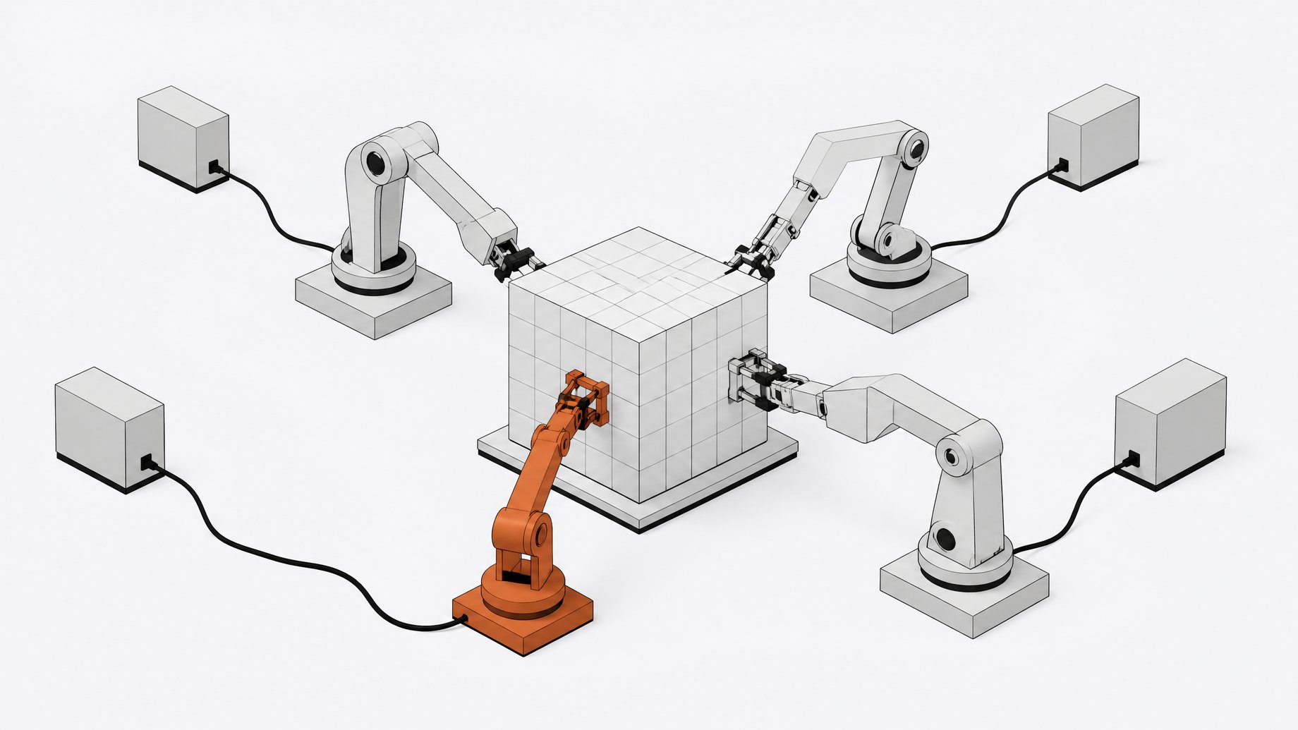 Four separate mechanical arms simultaneously operate on one central code-repository cube, with a single arm highlighted to show which process currently has priority.