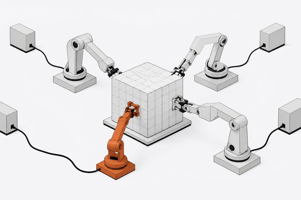 Four separate mechanical arms simultaneously operate on one central code-repository cube, with a single arm highlighted to show which process currently has priority.