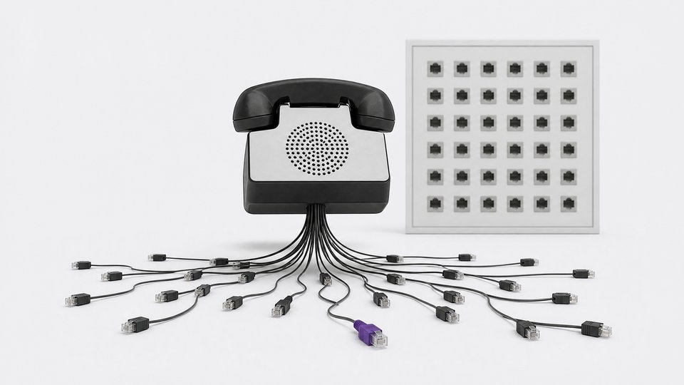 Illustration of a voice-bot handset device with many unconnected cords scattered near a structured socket panel, representing unmanaged phone-bot deployments outside IT's formal systems.