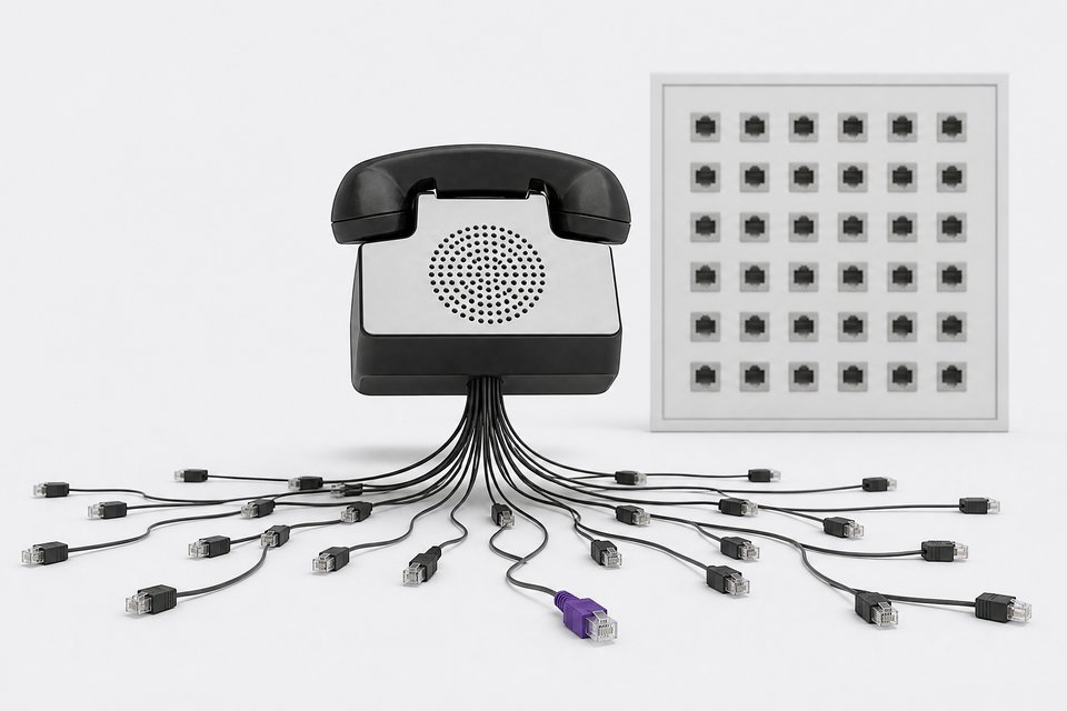 Illustration of a voice-bot handset device with many unconnected cords scattered near a structured socket panel, representing unmanaged phone-bot deployments outside IT's formal systems.
